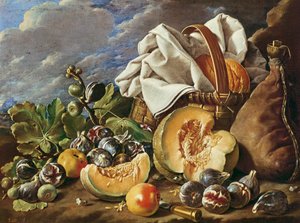 Natura morta con fichi, cesto di vimini, zucca, pane, otre di vino e coltello